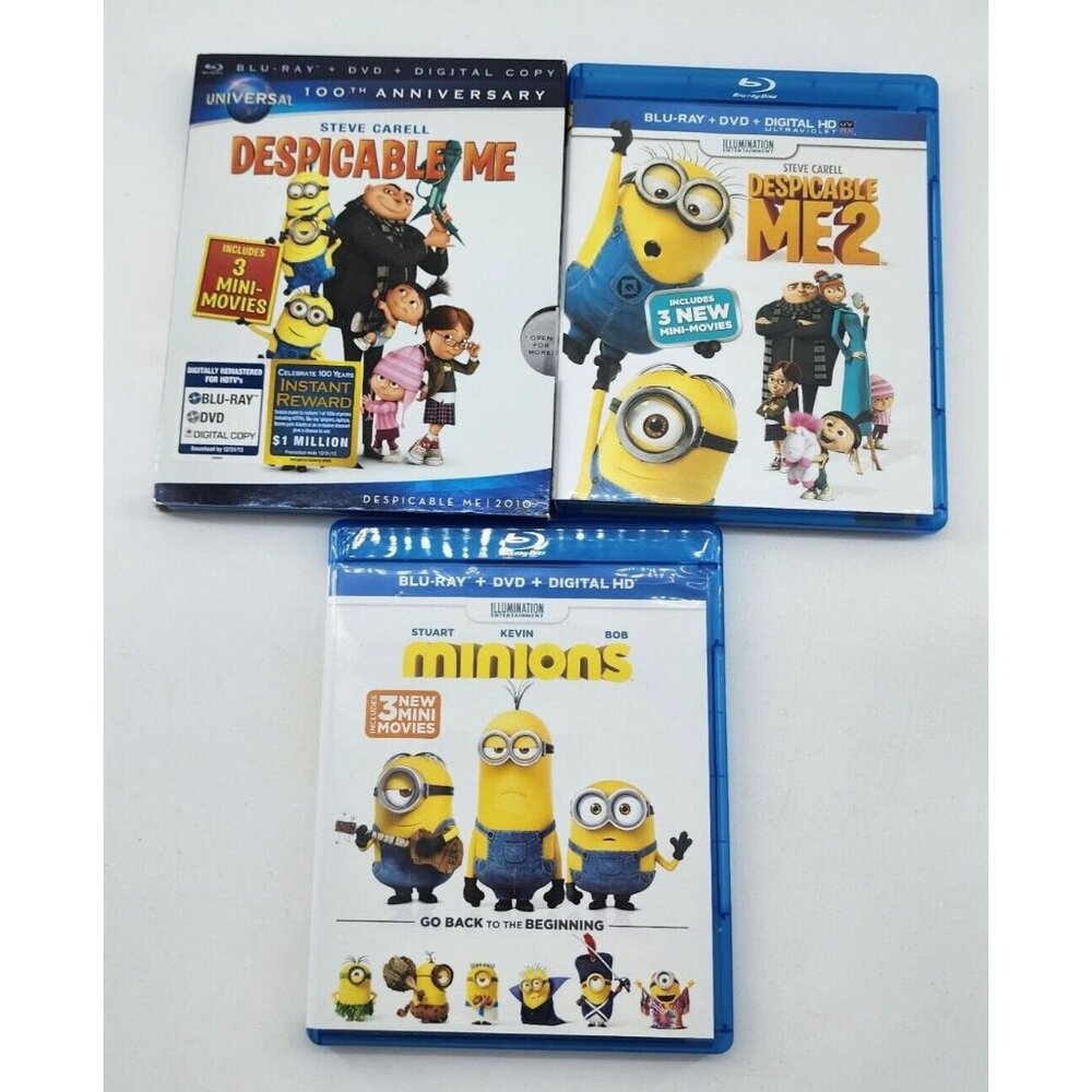Despicable Me Blu-Ray DVD Collection 1 + 2 + MINIONS Lot